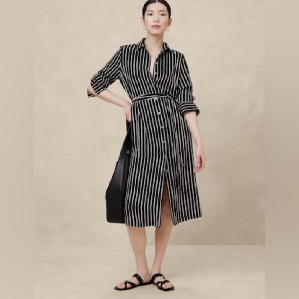 Banana Republic Black Stripe TIE-WAIST MIDI SHIRTDRESS